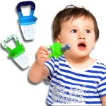 Chupete para bebes de 6 a 12 meses perfectos para introducir nuevos sabores en la dieta incluso si no tiene dientes fáciles de usar y limpiar cuenta con 3 chupes para frutas-pure-vegetales-carne y pescado más 6 mamaderas de silicona en tamaños s-m-l trae 1 dispensador tipo pepe o biberón de 90ml también 1 cuchara punta redonda suave y 1 clip para colgar el chupete