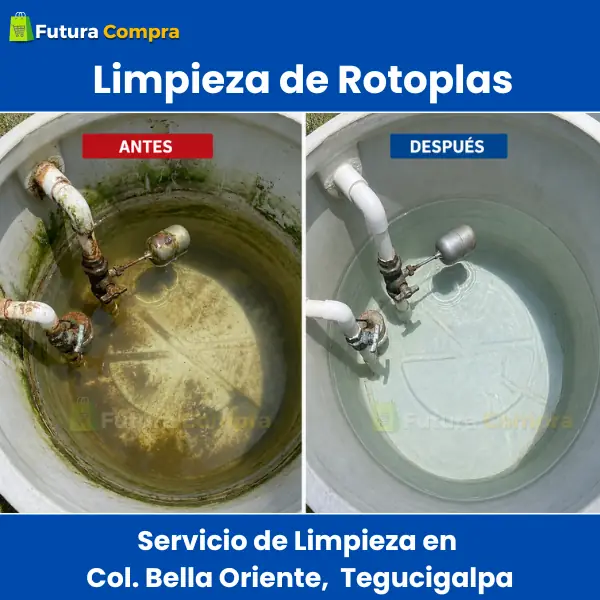 Antes y después de limpieza de Rotoplas y depósito de agua en colonia Bella Oriente, Tegucigalpa.